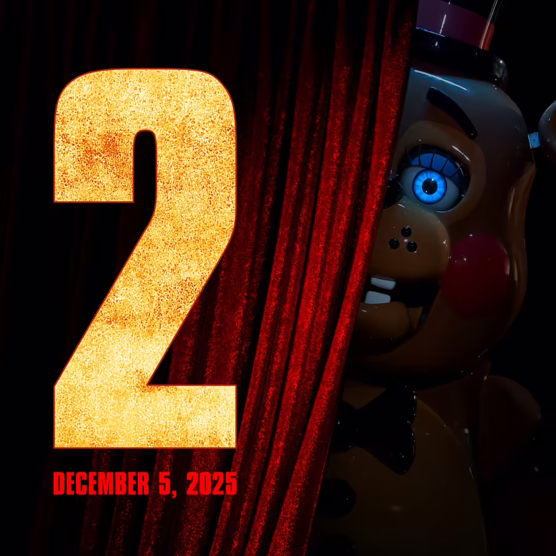 The first FNaF 2 movie poster, starring the Toy Freddy animatronic behind a curtain.