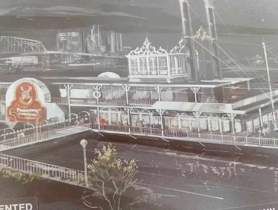 Concept art for a cancelled Pizza Time Theatre on a riverboat.