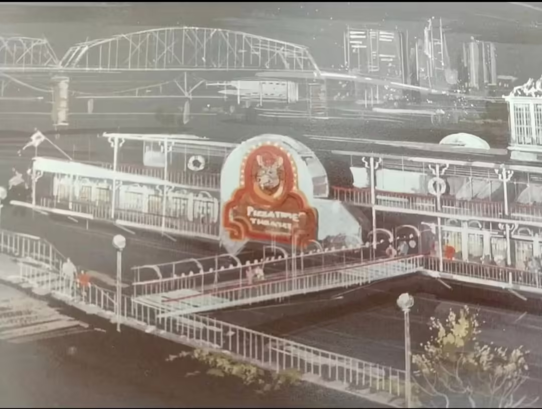 Concept art for a cancelled Pizza Time Theatre on a riverboat.