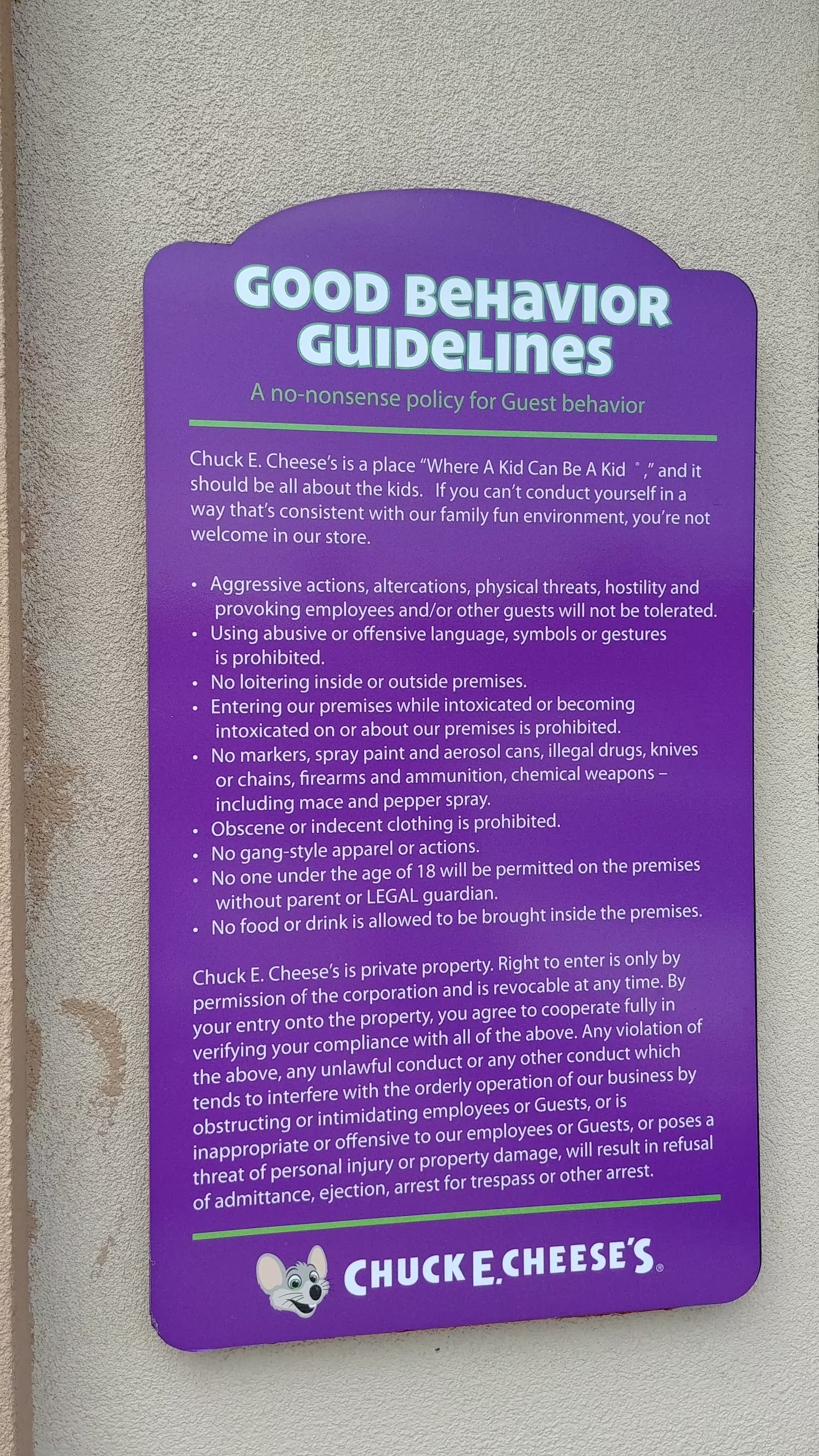 Exterior 'Good Behavior' sign (August 10, 2019)