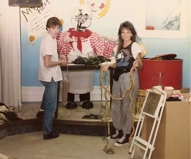 Stage Left being installed by Jul Kamen and unknown employee.