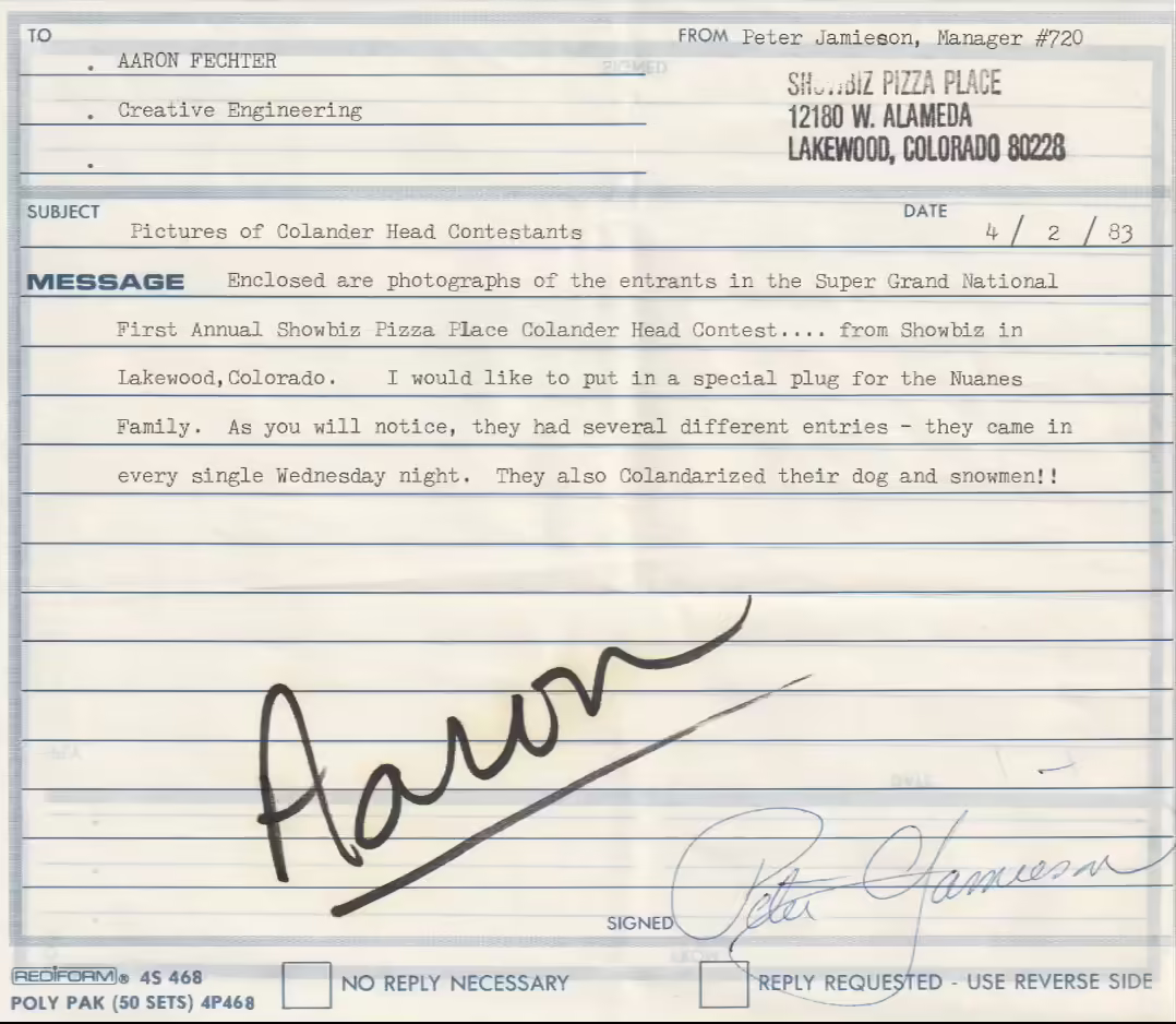 Letter from [[Lakewood, CO (12180 W Alameda Pkwy)]] (April 2, 1983)