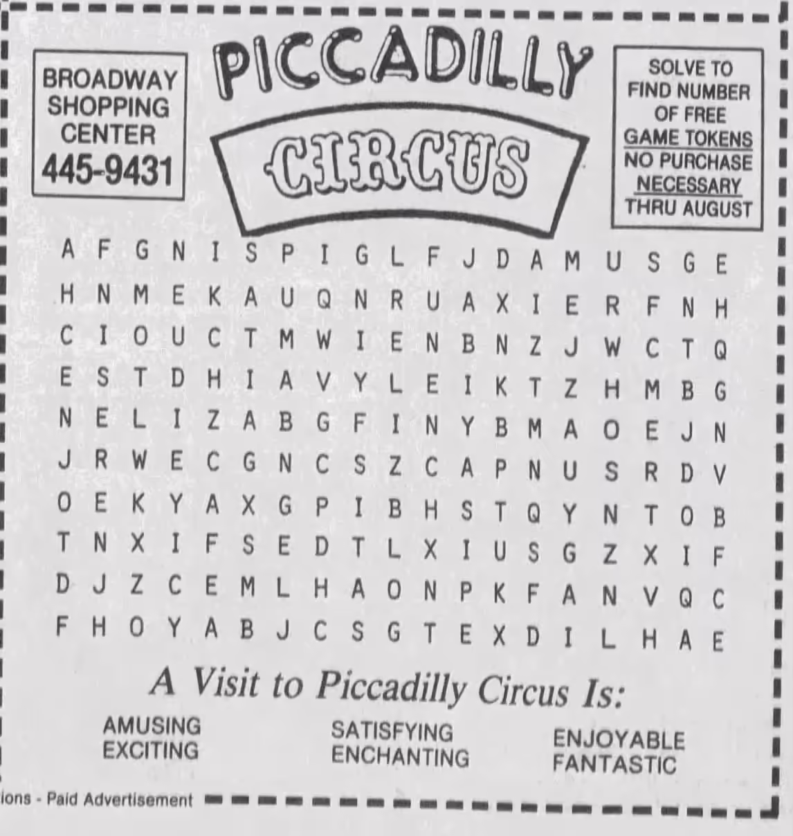 Word search ad to get free tokens from Piccadilly Circus in Columbia Missouri