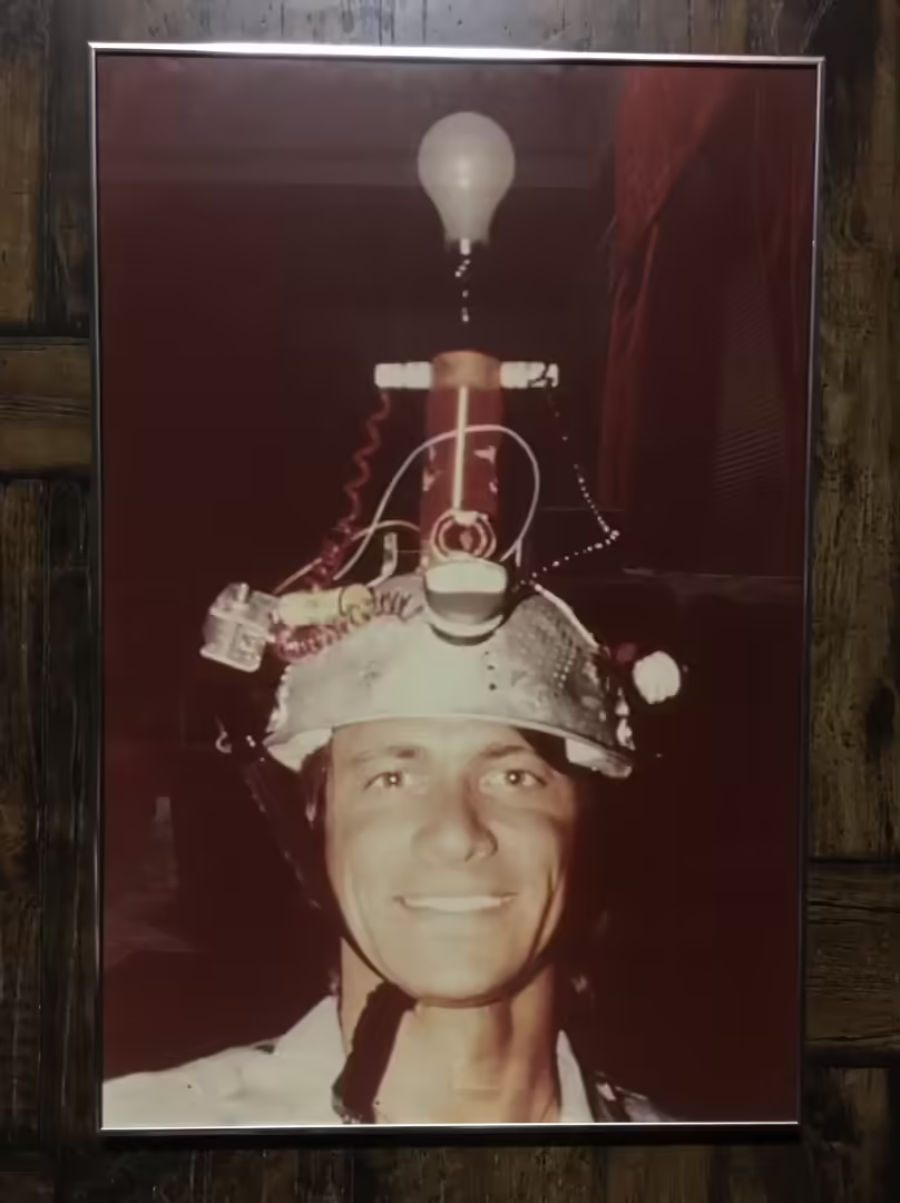 Aaron Fechter wearing his colander from the 1983 Save The Colander Telethon
