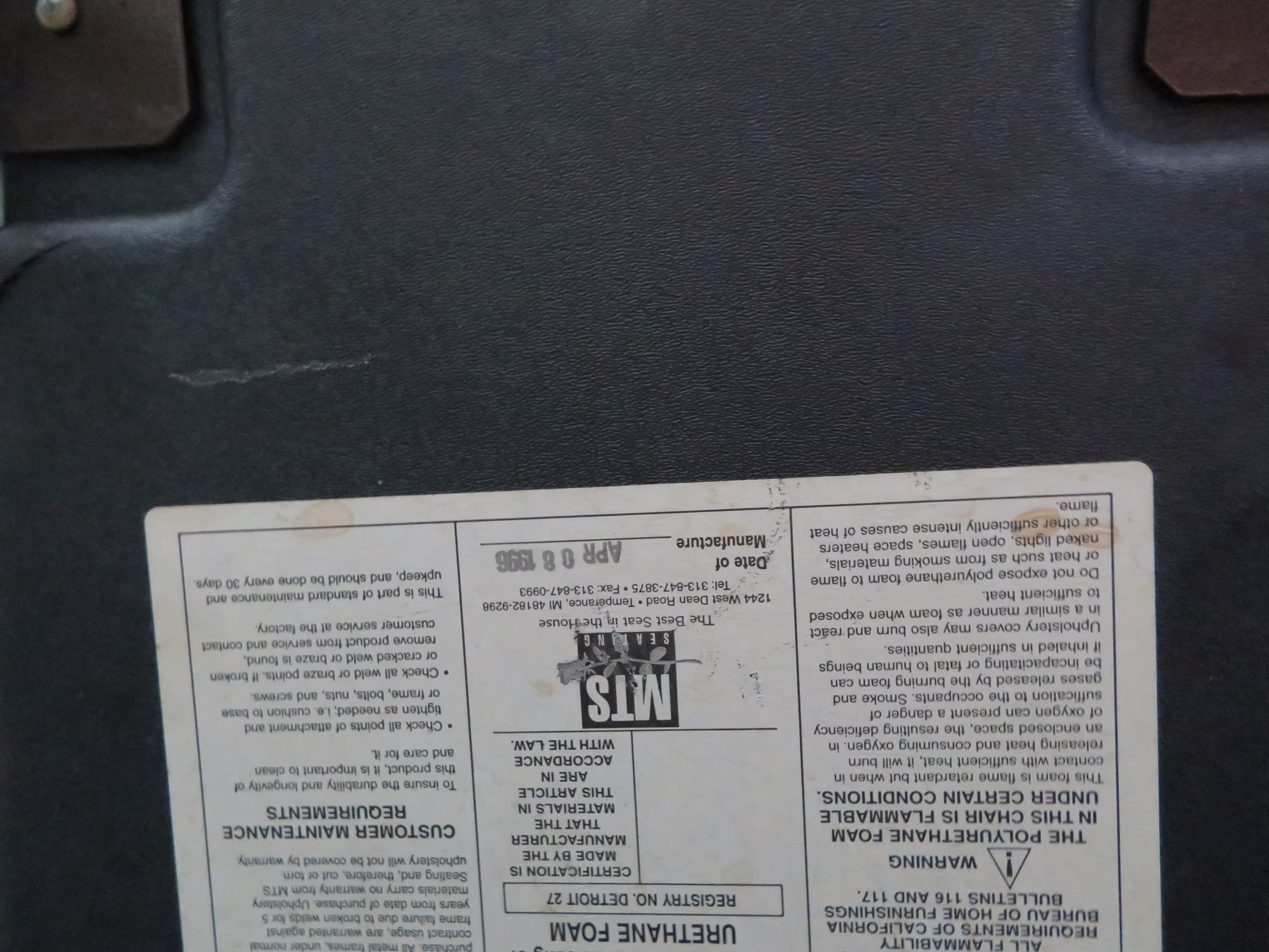 Bottom of Colerains Show Room chairs dated 'April 8, 1996'. Several of these chairs were taken to Eastgate (have since been trashed).