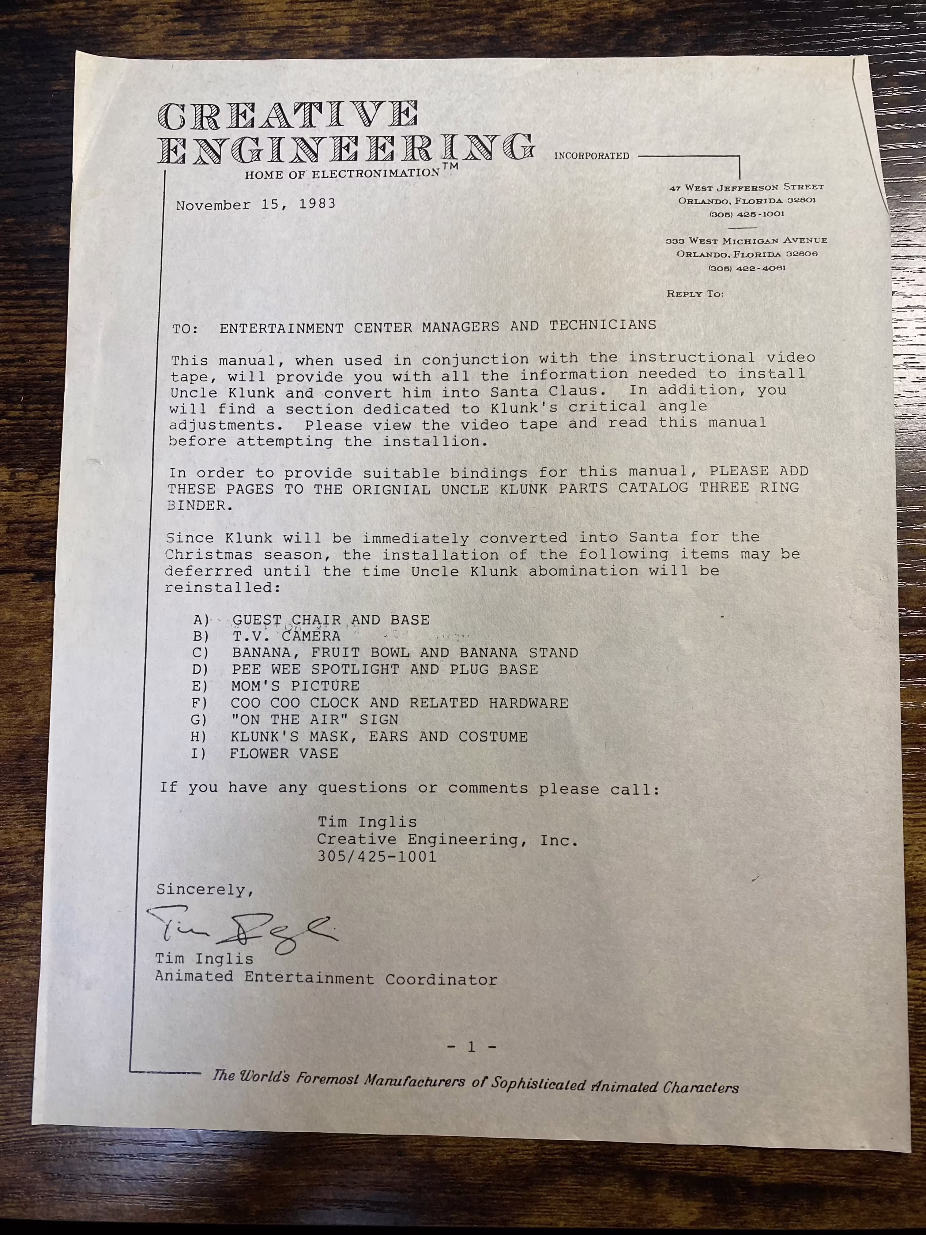 November 15, 1983 Installation Manual Letter