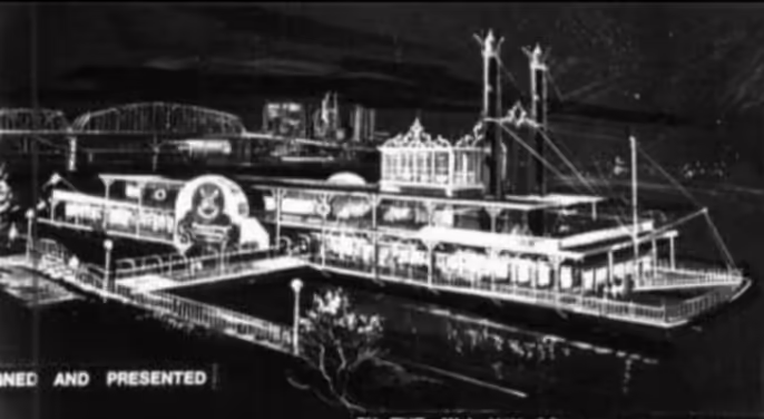 Concept art for a cancelled Pizza Time Theatre on a riverboat, edited black and white copy.