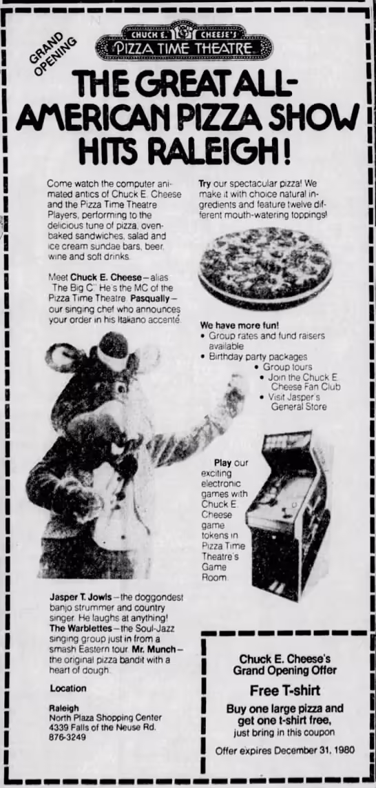An advertisement for the store's grand opening, a part of the Great All-American Pizza Show advertising.