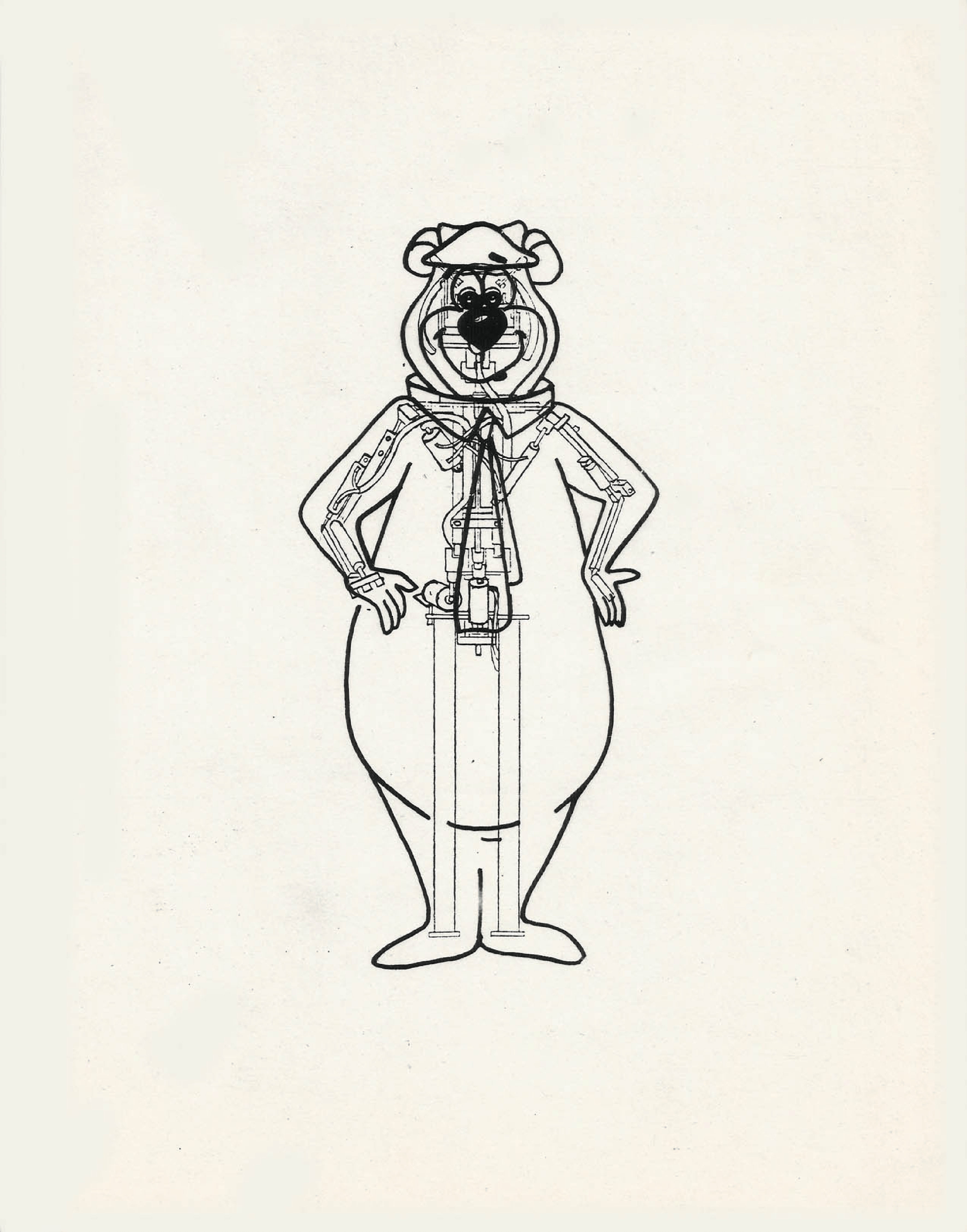 Concept Drawing of Yogi Bear's cosmetics and animatronic overlayed.