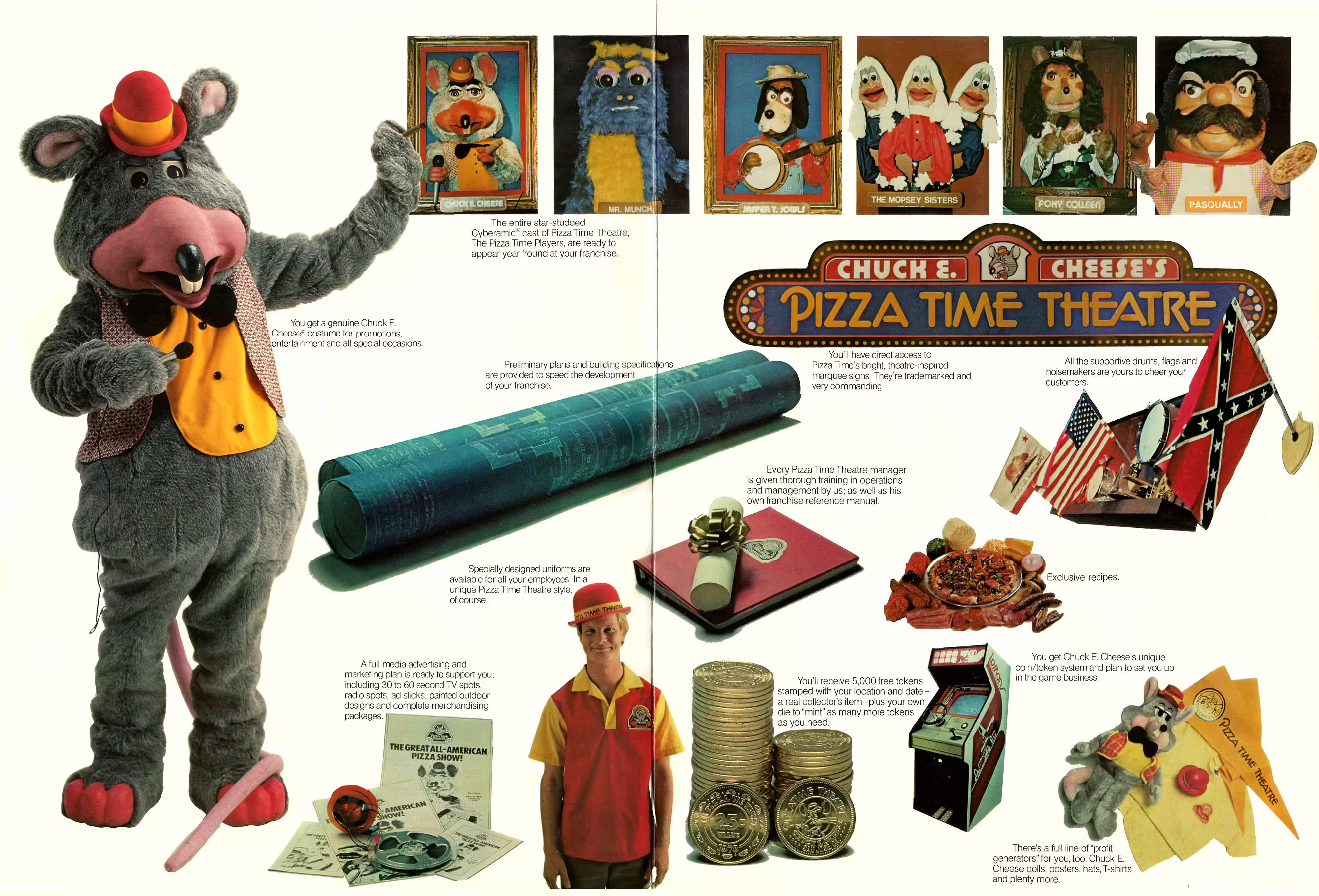 Pizza Time Theatre Franchise Brochure page, featuring items from the Winchester and Kooser locations.